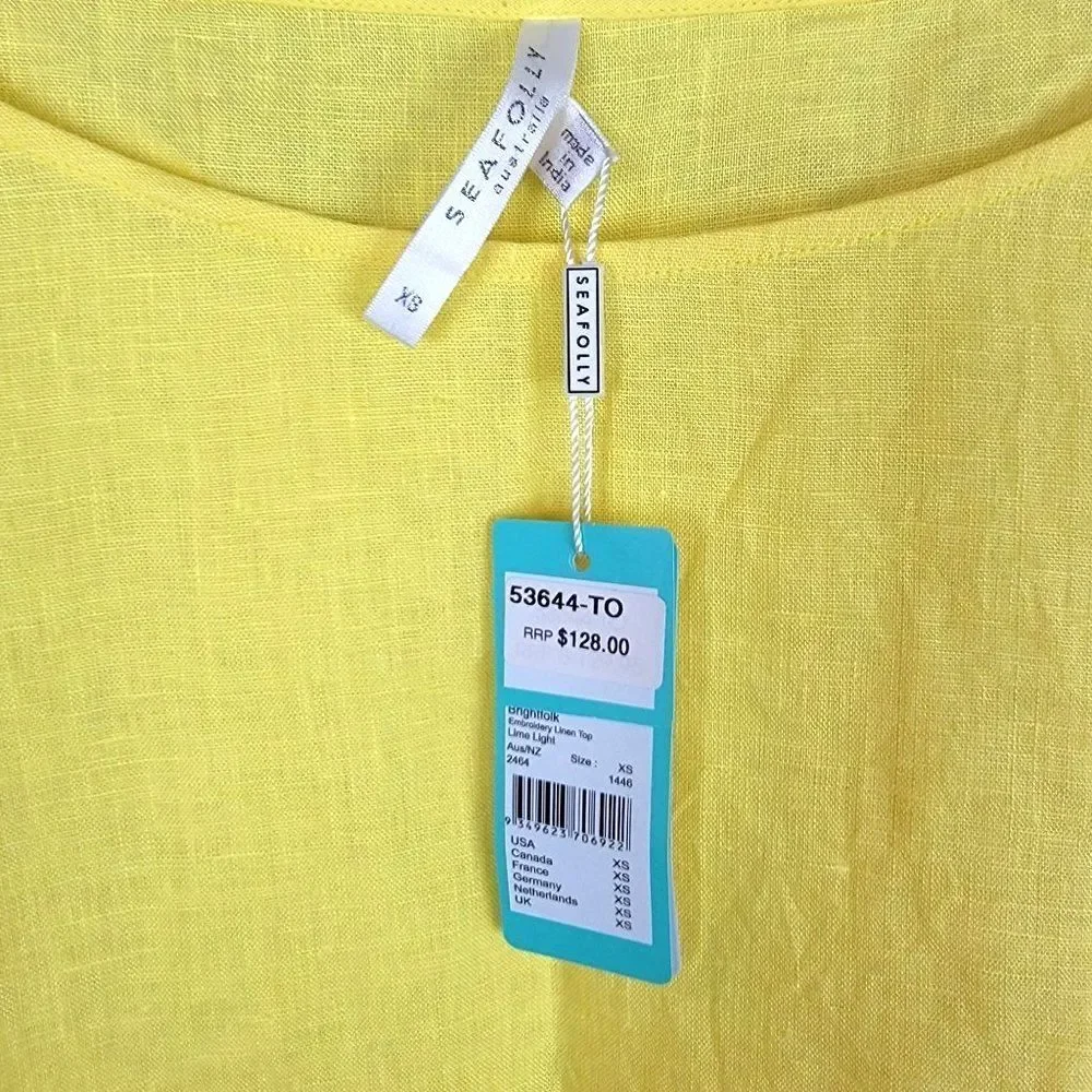 Seafolly Brightfolk Lime Light Cropped Oversized Flare Sleeves Linen Top Size XS